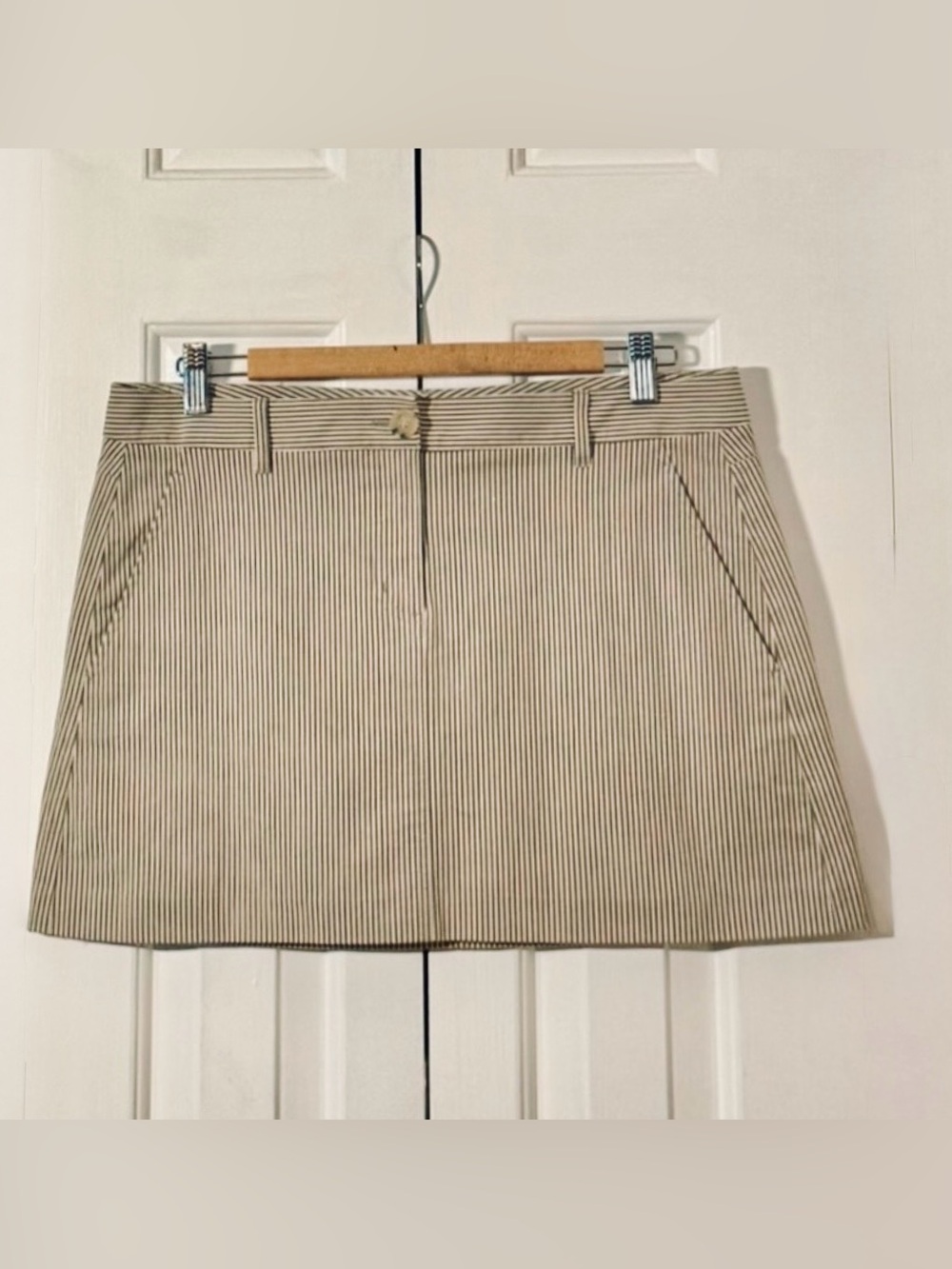 Theory Striped Skirt Size 10 Ivory Brown Pencil Workwear Chic